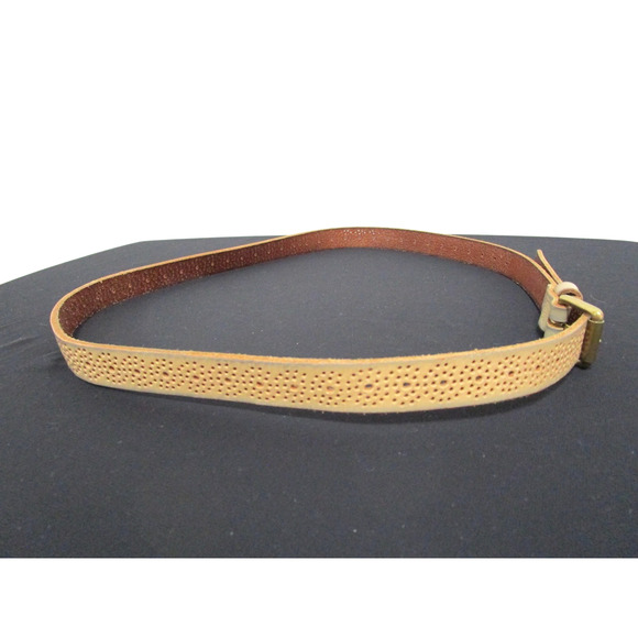 J Crew Beige Tan Perforated Leather Brass Buckle Belt Women Sz L, 34"-38" - Picture 6 of 9